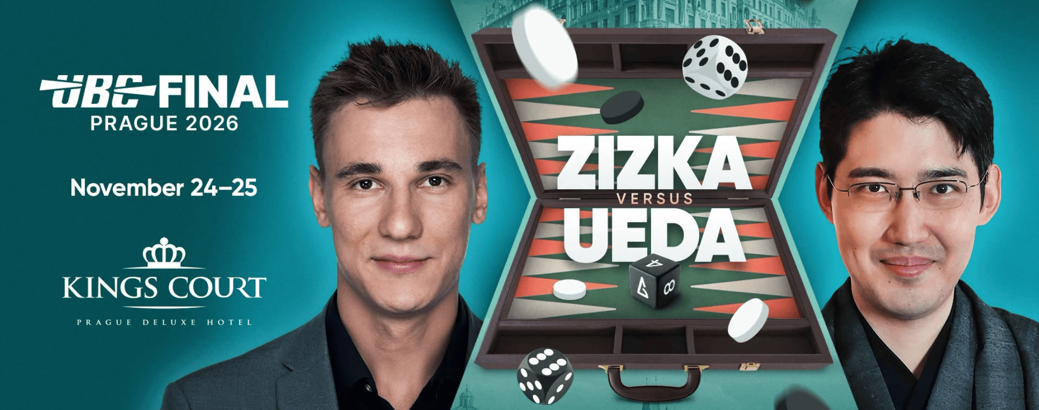 Official UBC 2026 Final poster: Zdenek Zizka versus Hideaki Ueda at Kings Court, Prague, 24–25 November.